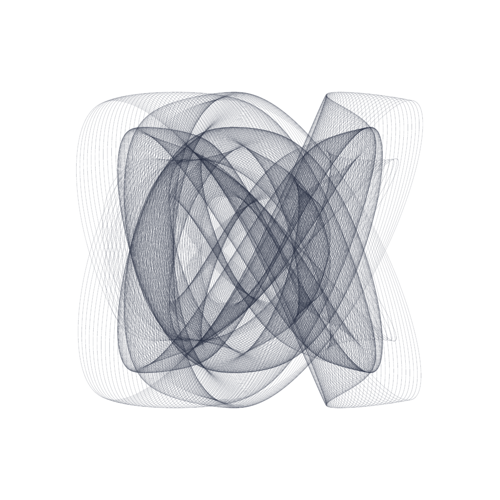 Layered grey harmonograph curves forming a symmetrical wave field on white